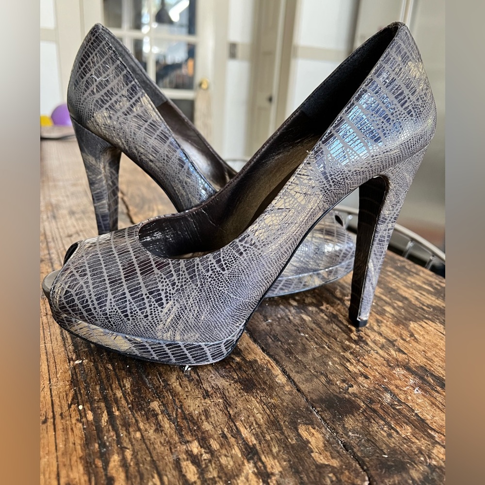 Stuart Weitzman Snakeskin Leather Peeptoe Platform Heels.
